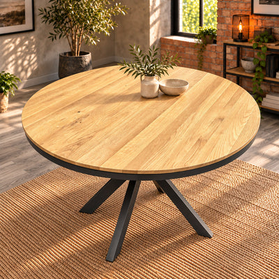 Elevated view of the Fusion dining table showing its circular oak top and sandblasted grain.
