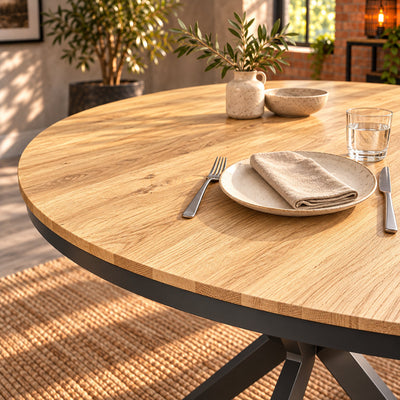 Stoneware plate, linen napkin and glass on the Fusion round table's textured oak top beside its curved edge.
