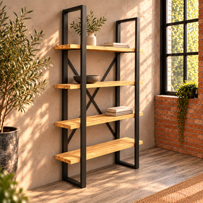 Fusion oak shelf unit with four shelves and charcoal metal frames, positioned against a warm plaster wall.