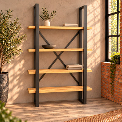 Front view of the Fusion oak shelf unit with four open shelves and charcoal metal frames.
