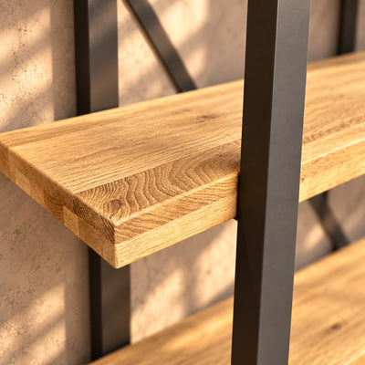 Close-up of the Fusion shelf unit's oak corner, showing the shelf edge and textured surface.
