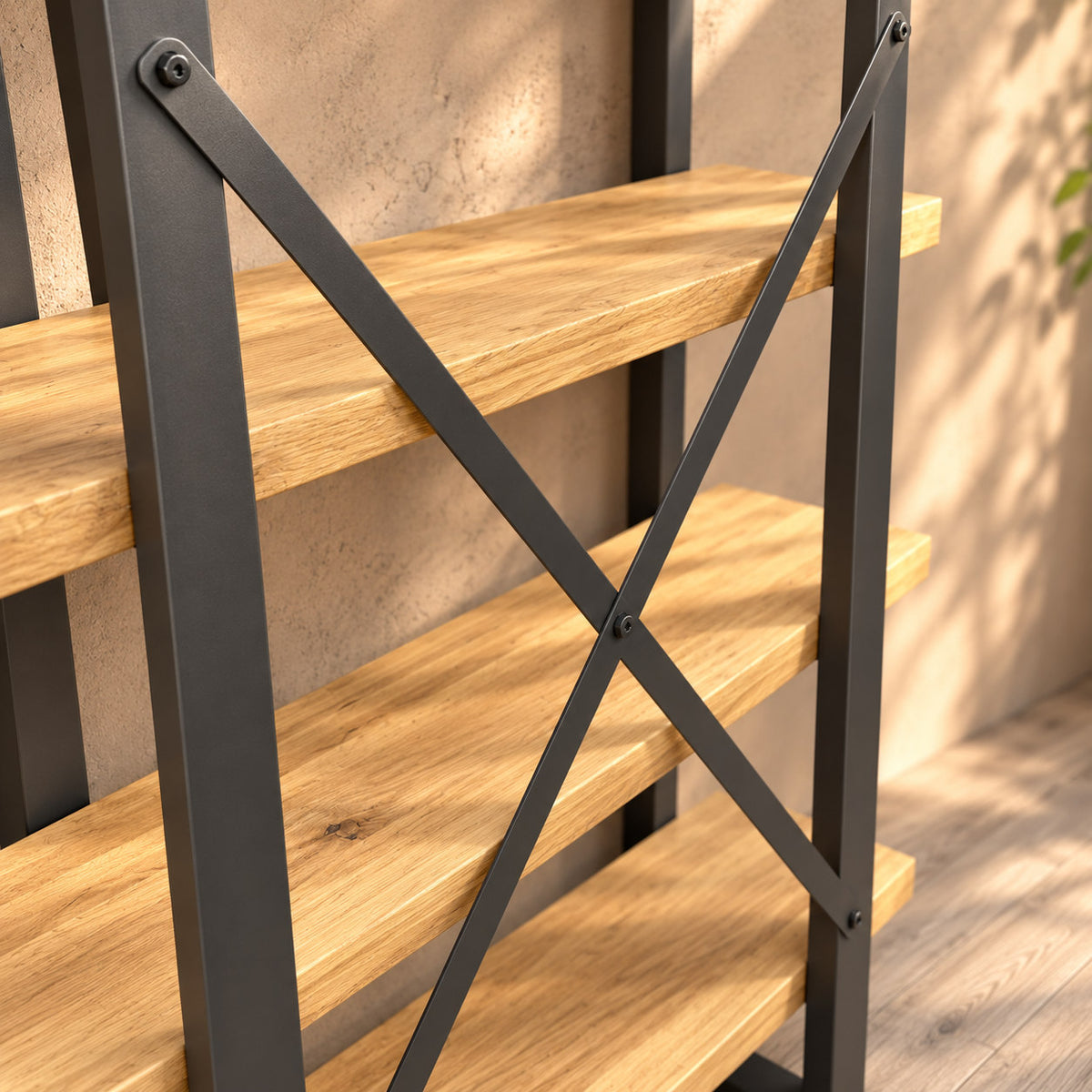 Detail of the rear metal X brace and centre bolt on the Fusion oak shelf unit.
