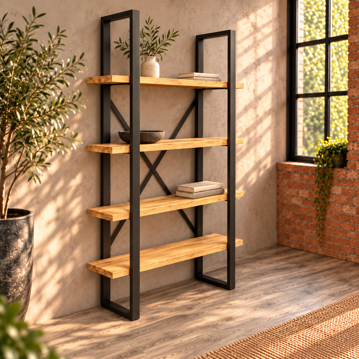 Angled view of the Fusion oak shelf unit standing against a plaster wall beside an industrial window.
