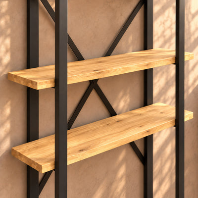 Two long oak shelves spanning the Fusion unit's charcoal side frames, with the rear X brace visible.
