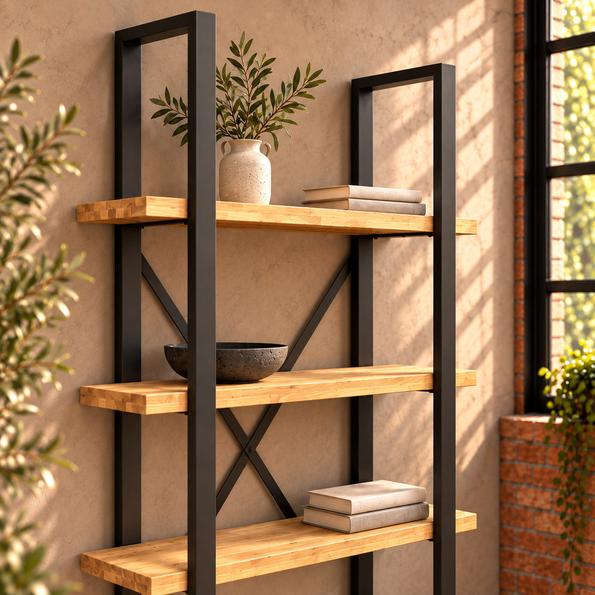 Fusion oak shelving styled with a ceramic vase, neutral books and a charcoal bowl.
