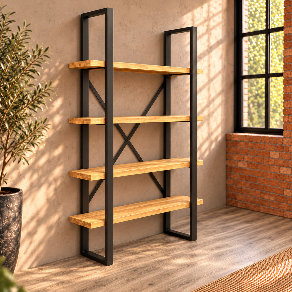 Unstyled Fusion oak shelf unit against a wall, showing four oak shelves and a rear metal X brace.

