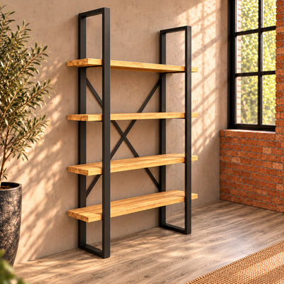 Unstyled Fusion oak shelf unit against a wall, showing four oak shelves and a rear metal X brace.
