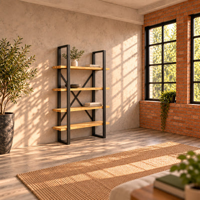 Fusion oak shelf unit against a plaster wall beside a loft window and olive tree.
