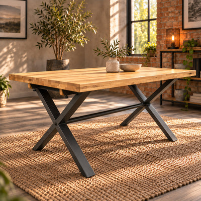 Fusion oak small dining table with a sandblasted oak top and charcoal cross legs in a warm industrial dining room.