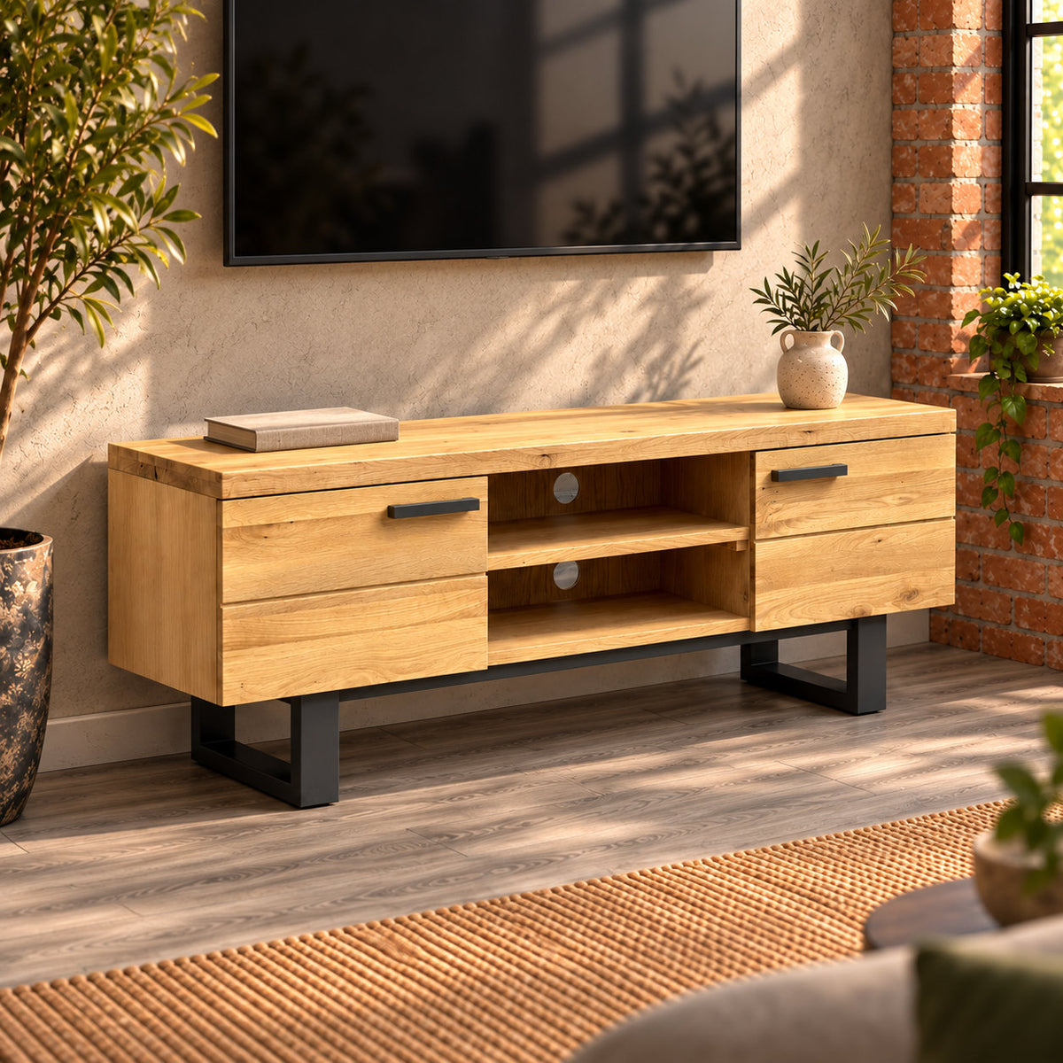 Elevated left view of the Fusion oak TV unit showing its sandblasted oak top, grooved doors and shallow depth.
