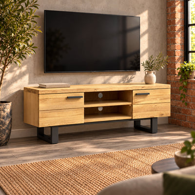 Fusion oak TV unit with two cupboard doors and central shelves in a warm modern industrial living room.
