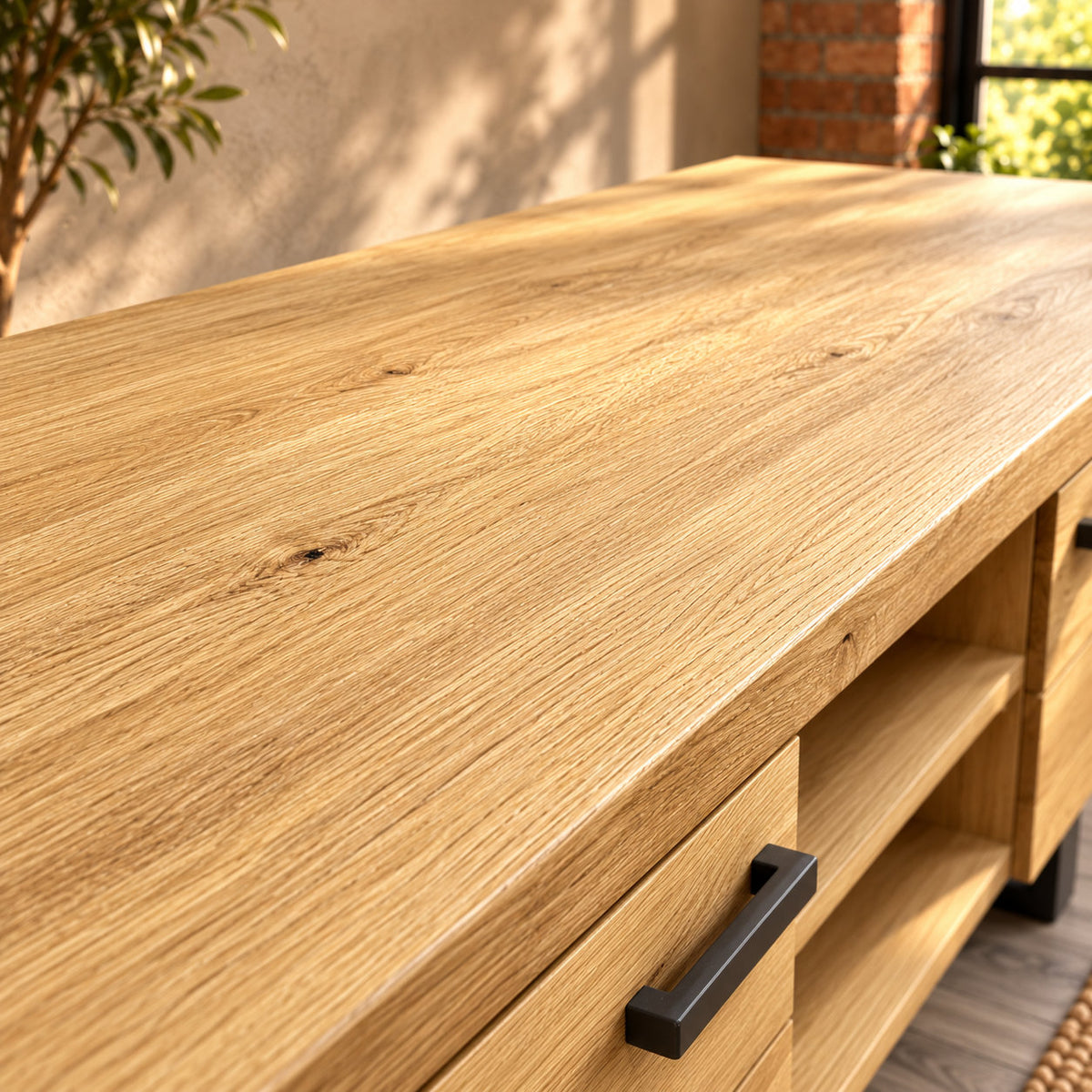 Close-up of the Fusion oak TV unit's sandblasted oak top, showing shallow textured grain and natural knots.
