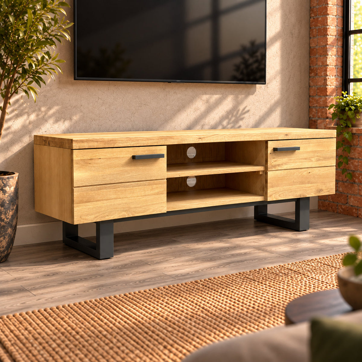 Fusion oak TV unit with an uncluttered top, two closed cupboards and open central media storage.
