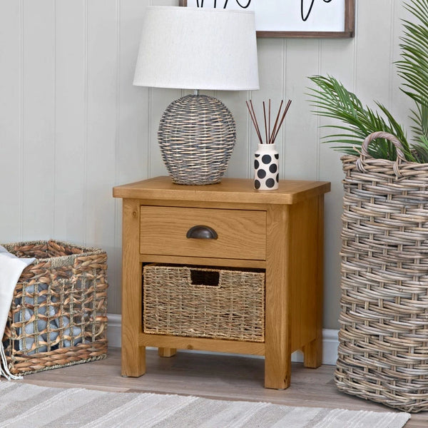Oregon Oak Side Table - 1 Drawer with Basket