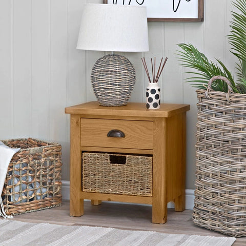 Oregon Oak Side Table - 1 Drawer with Basket