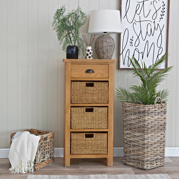 Oregon Oak Tall Side Table - 1 Drawer 3 Basket