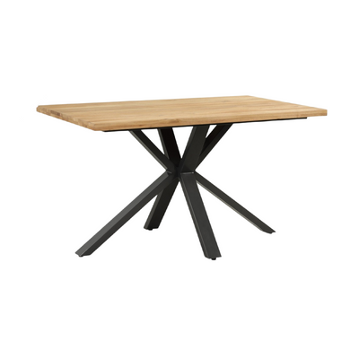 Elevated view of the Fusion oak compact dining table showing its rectangular top and central metal pedestal.