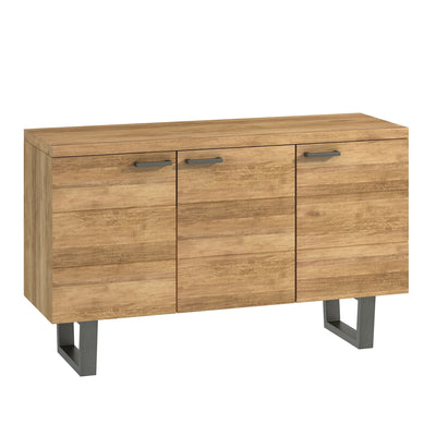 Angled view of the Fusion oak sideboard showing the textured oak top, three doors and black metal base.