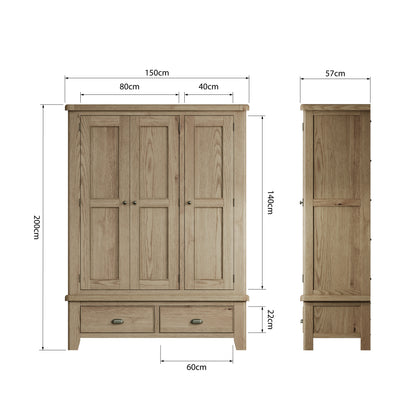 Norfolk Oak Wardrobe - 3 Door with Drawers