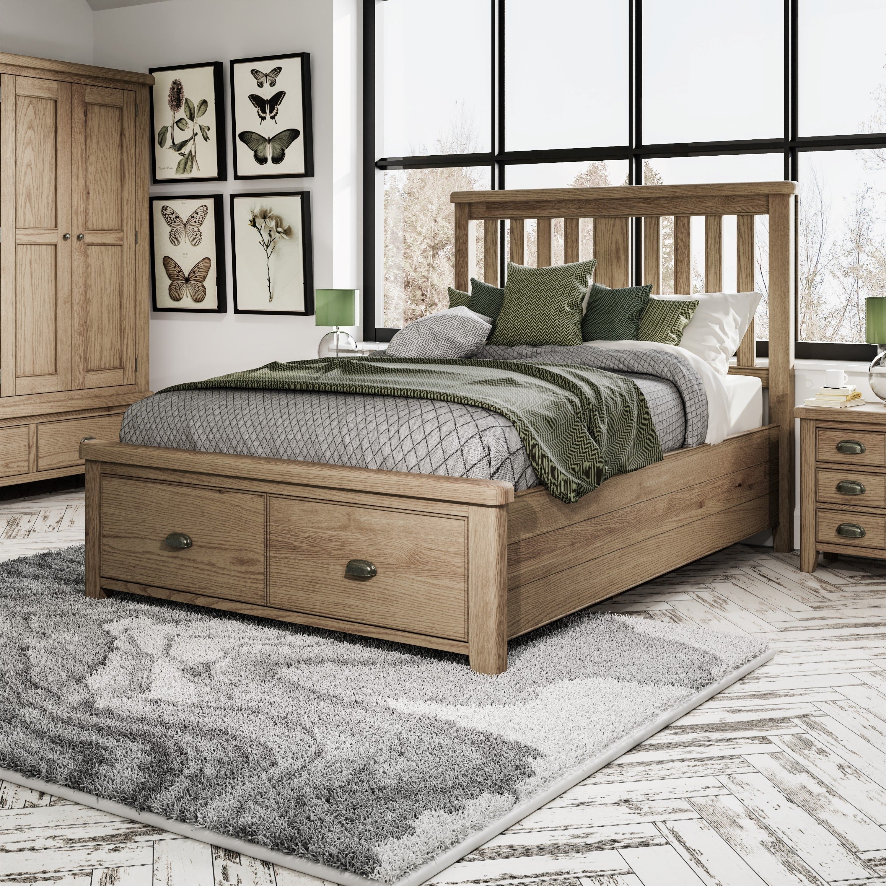 Norfolk Oak Bedframe - Wooden Headboard & Drawer Footboard