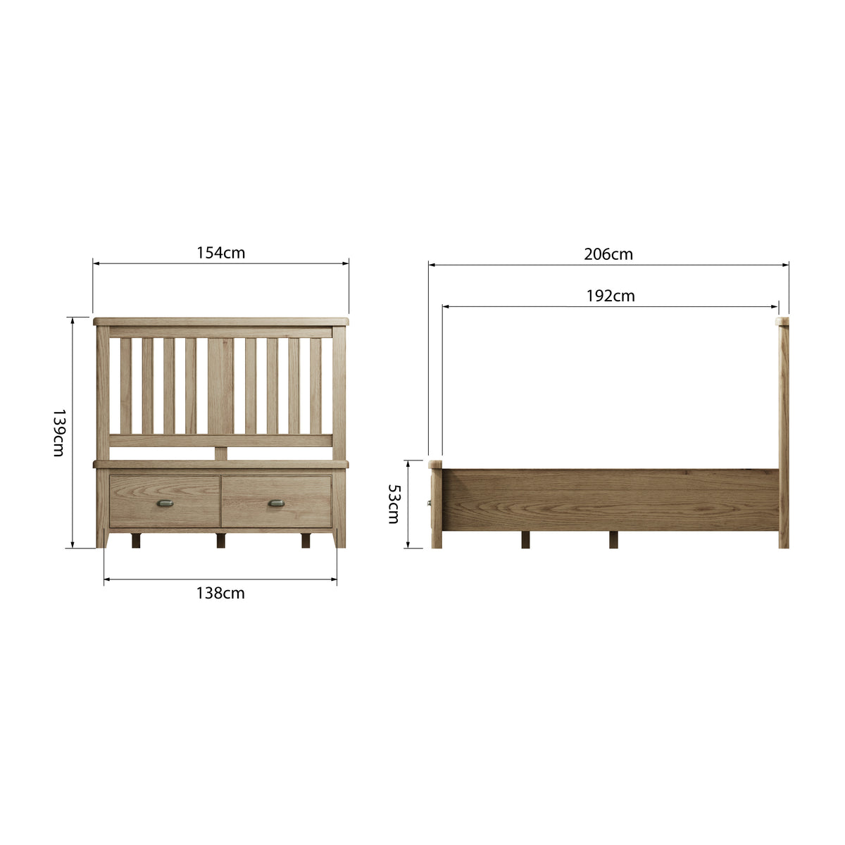 Norfolk Oak Bedframe - Wooden Headboard & Drawer Footboard