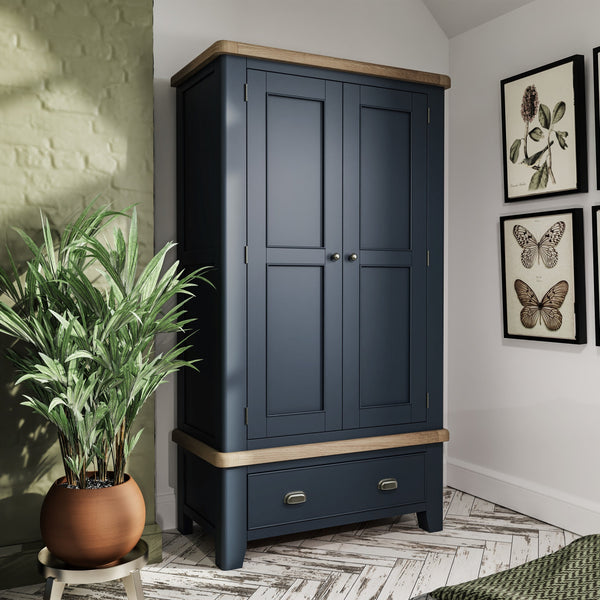Norfolk Oak & Blue Painted Wardrobe - 2 Door with Drawer