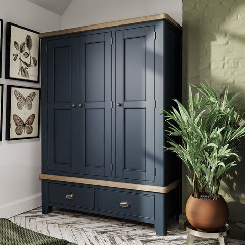 Norfolk Oak & Blue Painted Wardrobe - 3 Door with Drawers