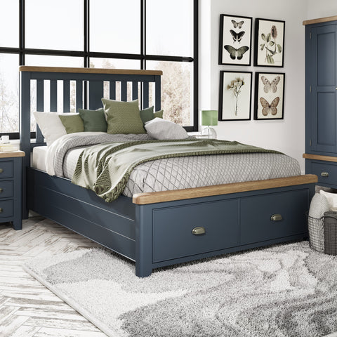 Norfolk Oak & Blue Painted Bedframe - Wooden Headboard & Drawer Footboard