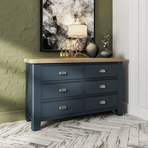 Norfolk Oak & Blue Painted Chest of Drawers - 6 Drawer