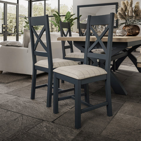 Norfolk Oak & Blue Painted Dining Chair - Cross Back with Grey Check Seat