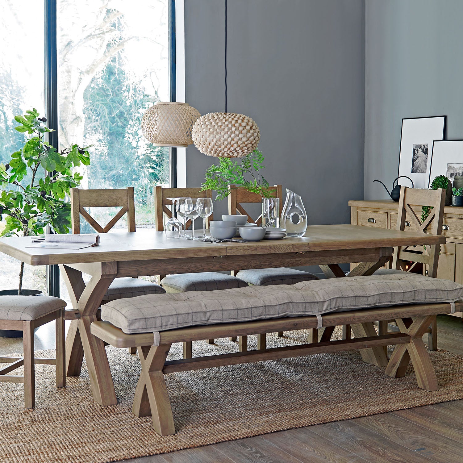 Norfolk Oak Dining Chair - Cross Back with Natural Check Seat