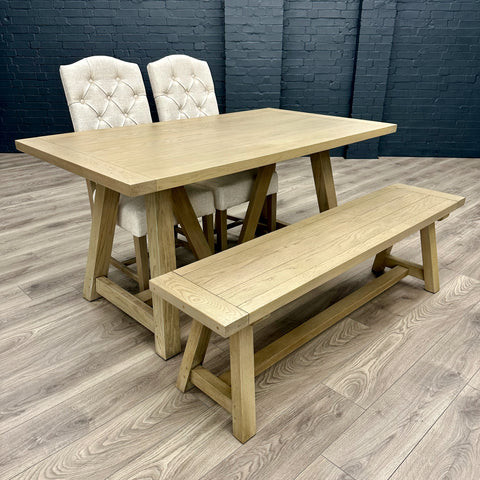 Suffolk Oak 1.6m Table PLUS 2x Luxury Buttoned Back Chairs & x1 Bench