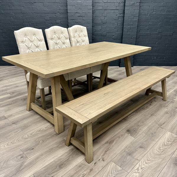 Suffolk Oak 2m Table PLUS 3x Luxury Buttoned Back Chairs & x1 Bench - Showroom Clearance