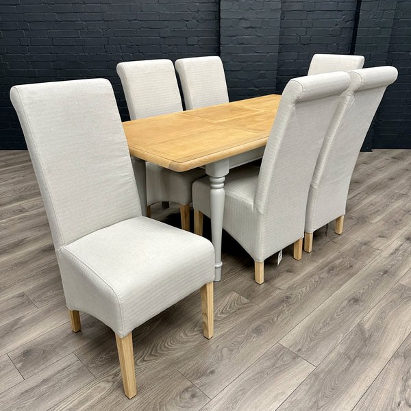 Chalford 1.3m Extending Table PLUS 6x Trimpley Fabric Scroll Back Chairs - Showroom Clearance