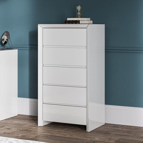 Mint Collection - Arezzo 5 Drawer Narrow Chest - Gloss White - Showroom Clearance