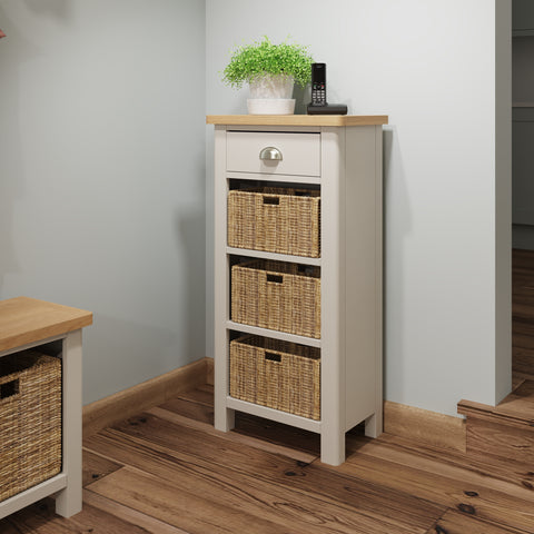 Oregon Oak & Stone Painted Tall Side Table - 1 Drawer 3 Baskets