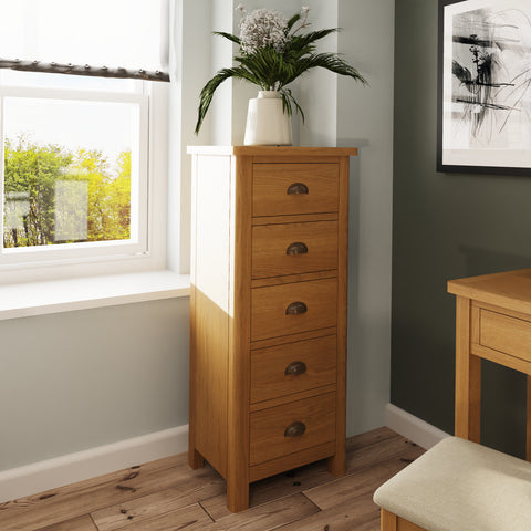 Oregon Oak Chest of Drawers - 5 Drawer Narrow