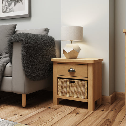 Oregon Oak Side Table - 1 Drawer with Basket