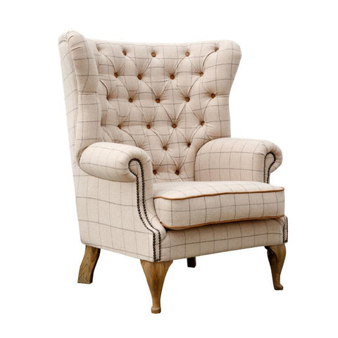 Maltby Wrap Around Wing Chair in Leather & Wool - Natural Check