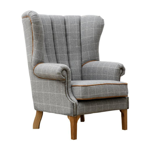 Arnold Fluted Wing Chair in Leather & Wool - Grey Check