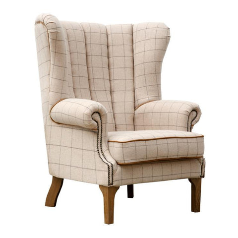 Arnold Fluted Wing Chair in Leather & Wool - Natural Check