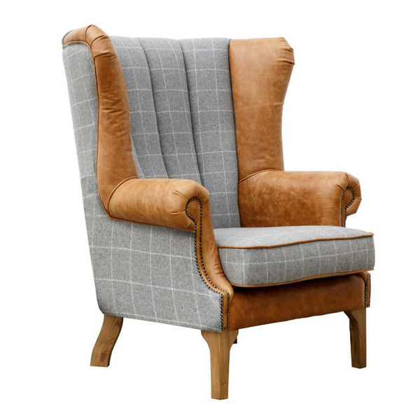 Ernie Fluted Wing Chair in Leather & Wool - Grey Check