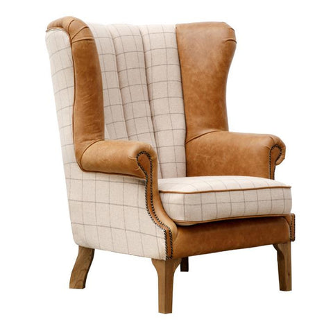 Ernie Fluted Wing Chair in Leather & Wool - Natural Check