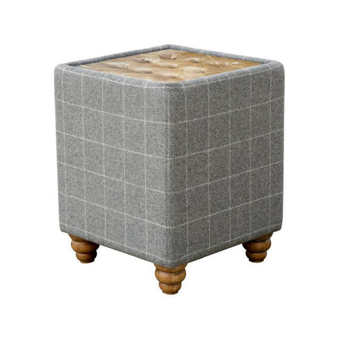Barry Side Table in Leather & Beige Wool with Glass Top - Grey Check