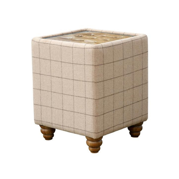 Barry Side Table in Leather & Grey Wool with Glass Top - Natural Check