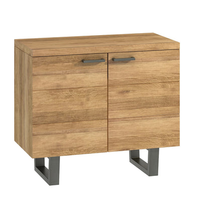 Detail of the Fusion Oak sideboard’s plain oak side panel and thick top, with the grooved doors visible at an angle.