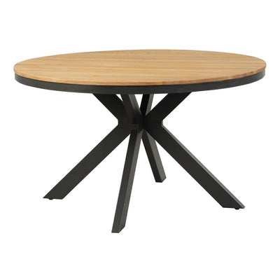 Cutout Front view of the Fusion round dining table showing the slim oak top, dark metal rim and crossed central legs.

