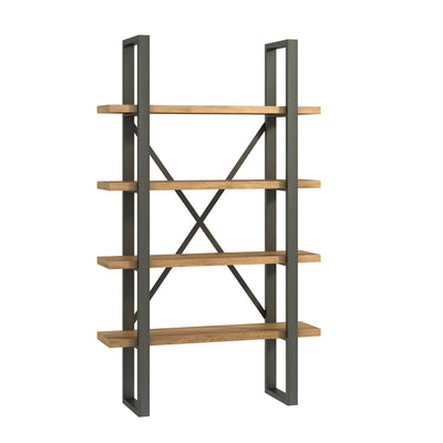 Cutout of Fusion oak shelf unit with four shelves and charcoal metal frames.